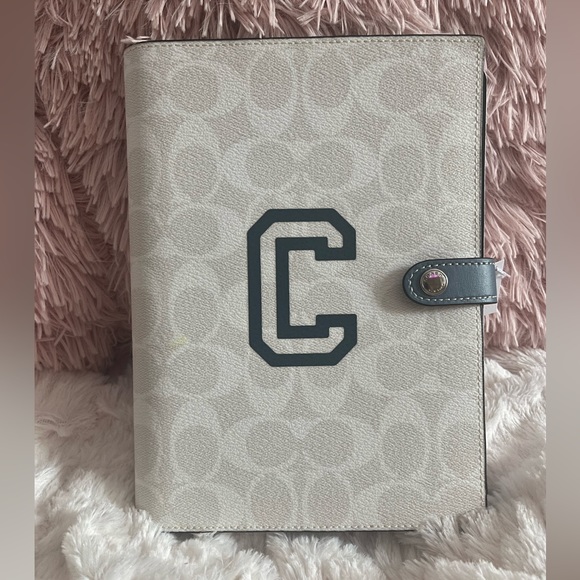 NEW Coach Signature Print Varsity Motif Chalk Blue Multi Canvas Leather Notebook - Picture 13 of 16